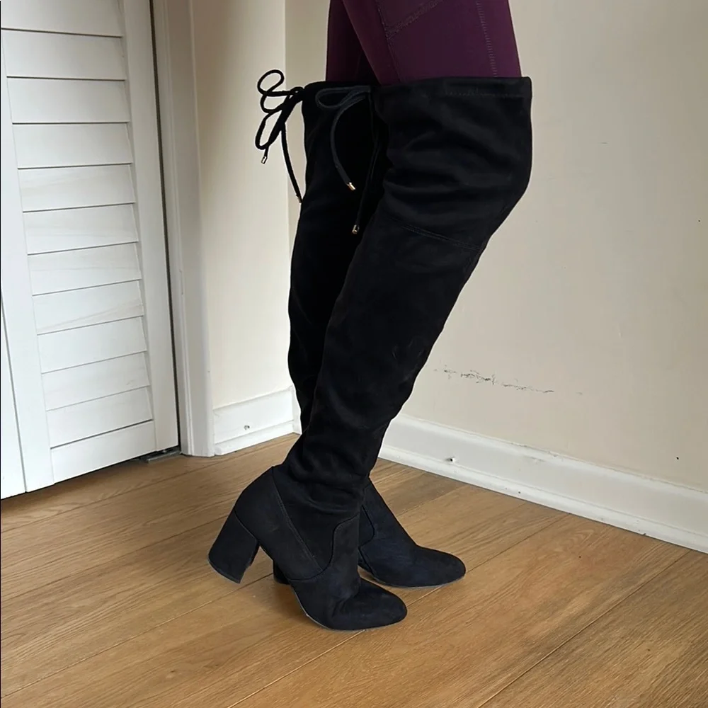 Size 8.5 | Osana | Over-The-Knee Black Heeled Boots | Chic & Sleek Silhouette